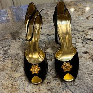 Joey O Elegant Chocolate Velvet and Gold Women's Heels